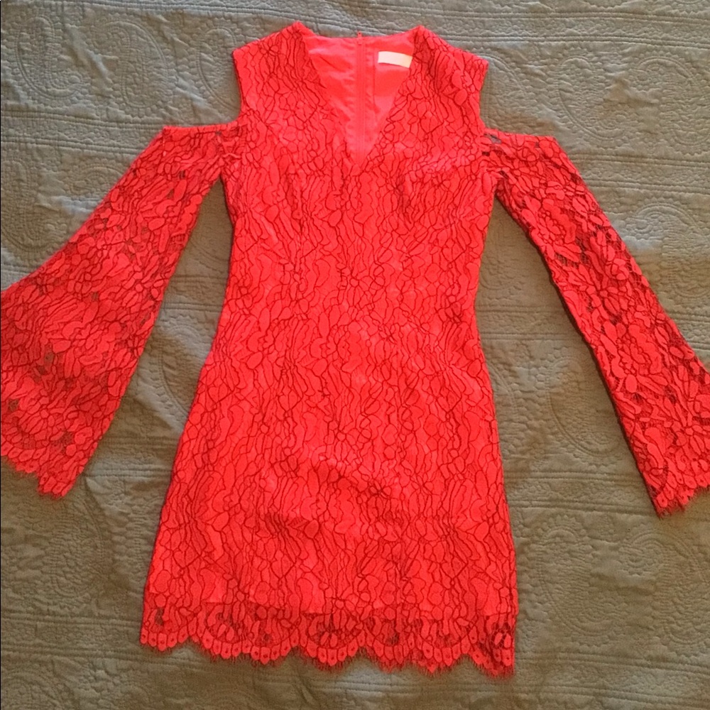 Keepsake red lace bell sleeve mini dress, size XS
